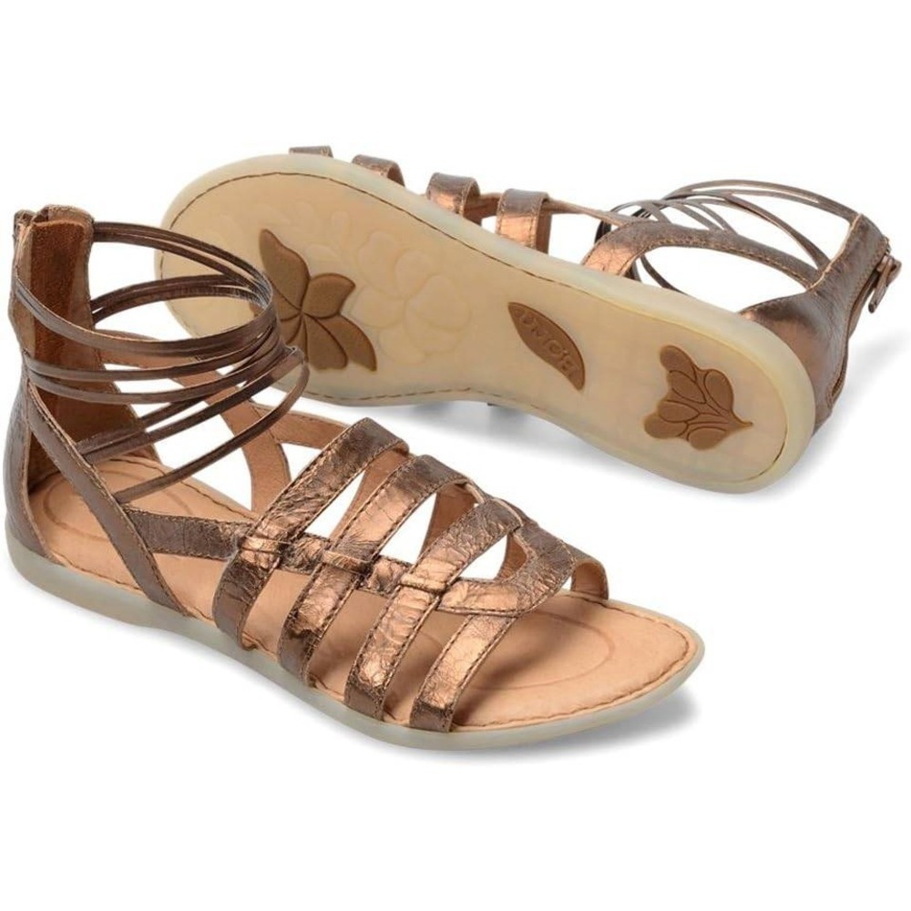 Born Bronze Gladiator Sandals; Leather Strappy Flat Back Zip F17018